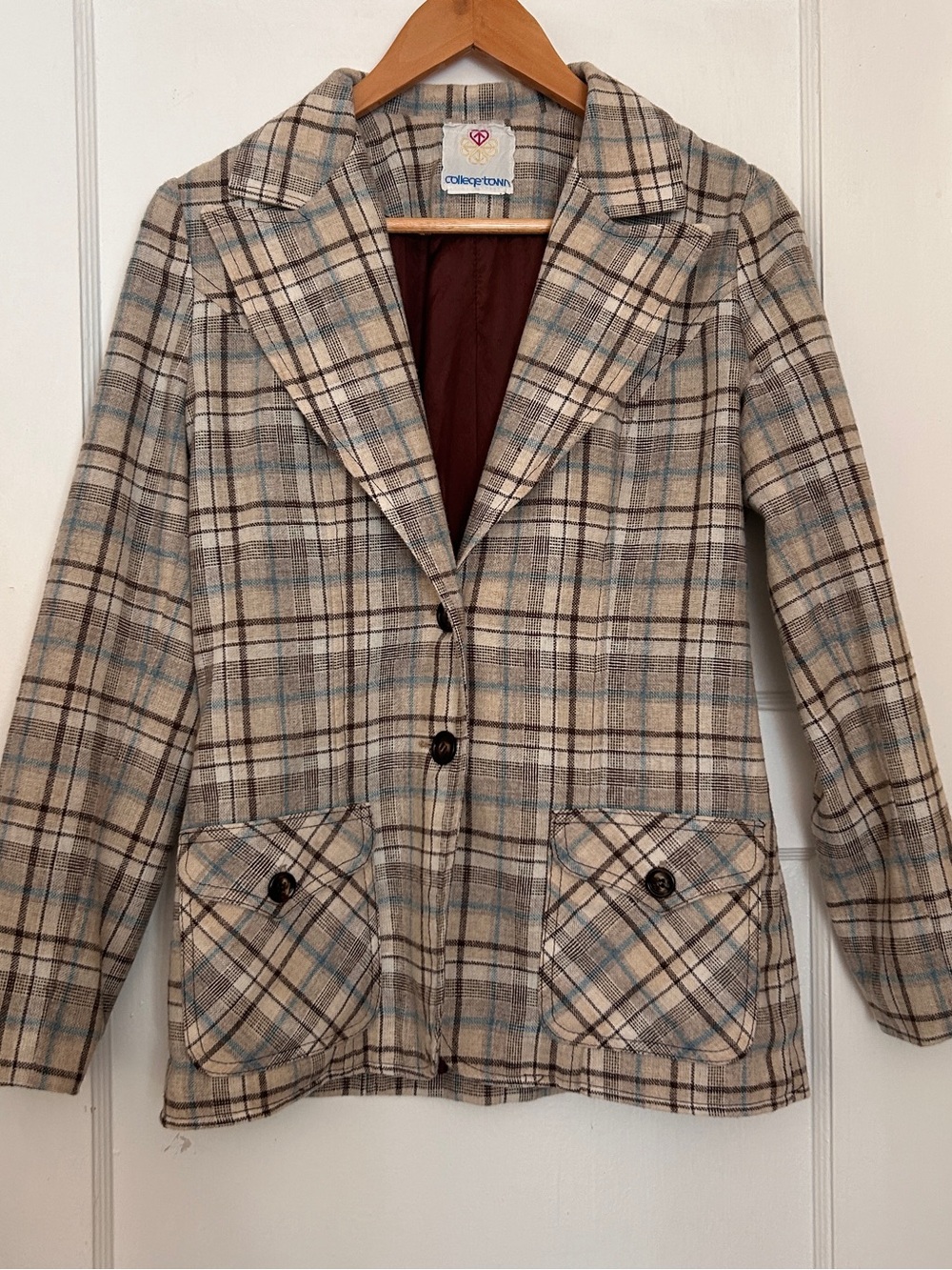Women’s Plaid Notch-Lapel Blazer Jacket - Beige Blue